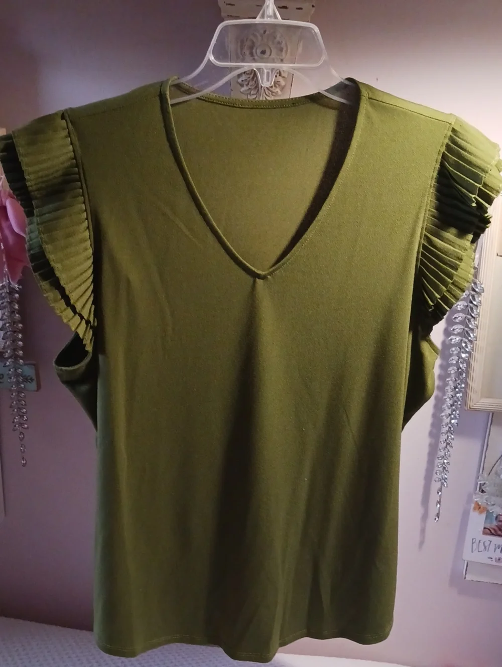 Adrianna Papell Olive Green V-Neck Pleated Flutter Sleeve Tank L
